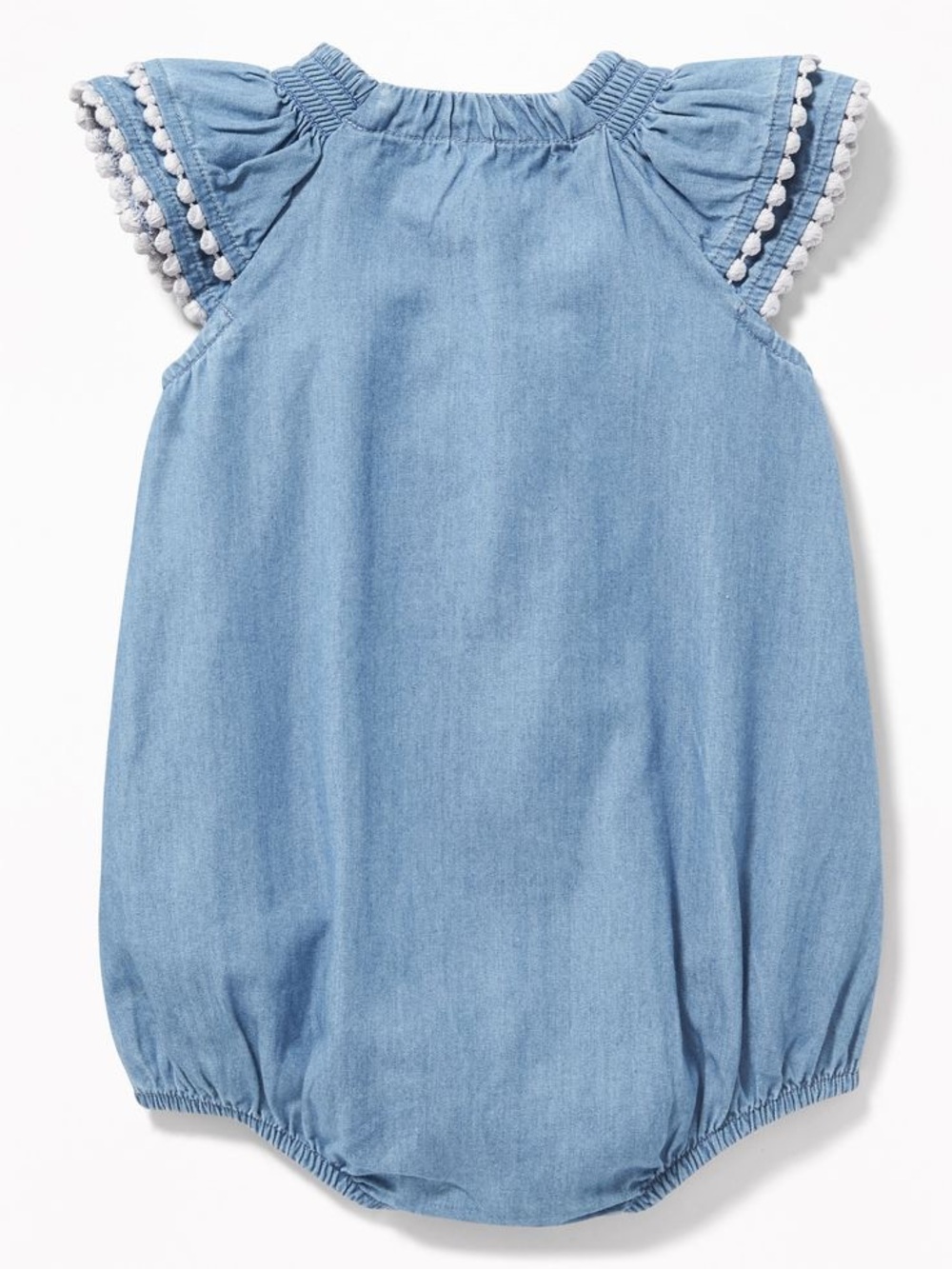 Old Navy Baby Denim Chambray Smocked Ruffle Pom Pom Romper